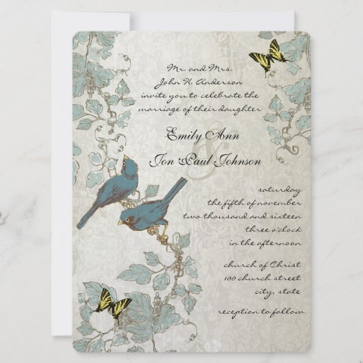 Invitation Mariage des papillons et des oiseaux bleus argenté (Devant)