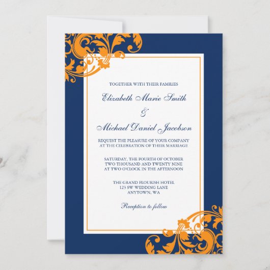 Invitation Mariage des tourbillons de la marine bleu et orang (Devant)