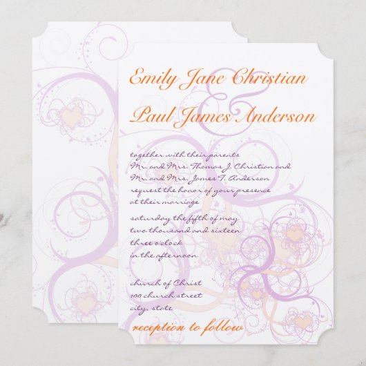 Invitation Mariage des tourbillons et des coeurs orange et vi (Devant / Derrière)