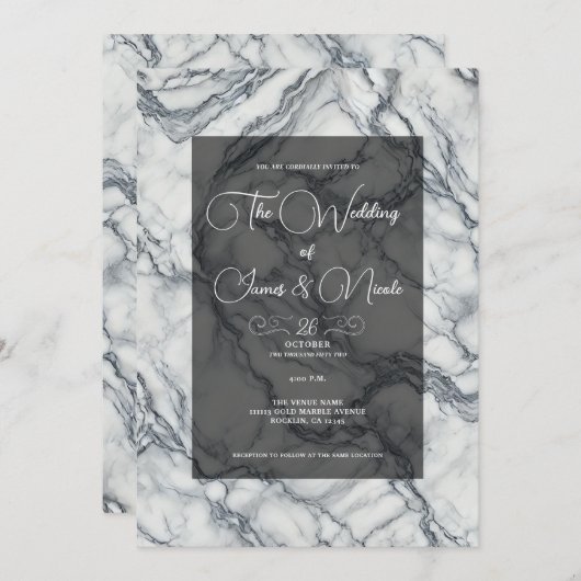 Invitation Mariage design en marbre gris et blanc (Devant / Derrière)