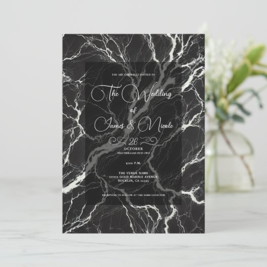 Invitation Mariage design en marbre noir et blanc (Debout devant)