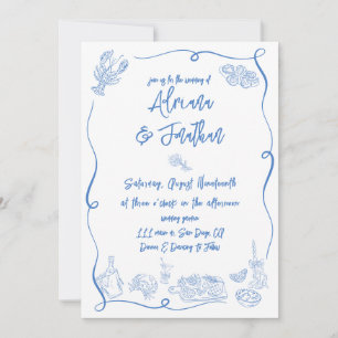 Invitation Mariage Dessiné à la Main Bleu et Blanc