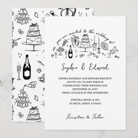 Invitation Mariage dessiné à la main dans un style fantaisist (Devant / Derrière)