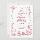 Invitation Mariage Dessiné à la Main Fantaisiste et Amusant (Devant)