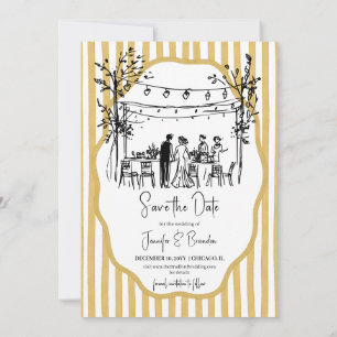 Invitation Mariage dessiné à la main rayé moutarde
