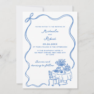 Invitation Mariage Dessins à la Main Bleus Non-Photographique