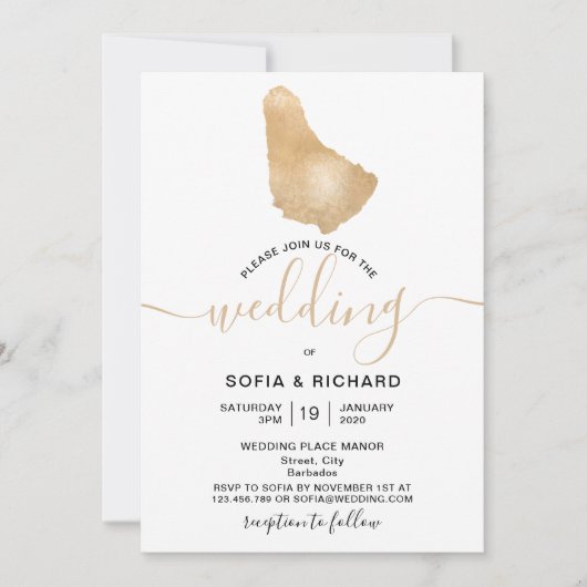 Invitation Mariage Destination Barbade Tropical Gold Map (Devant)