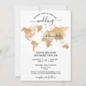 Invitation Mariage Destination Gold World Map Coeur (Devant)