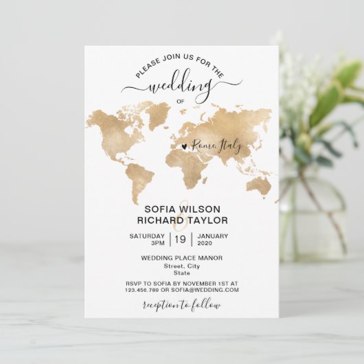 Invitation Mariage Destination Gold World Map Coeur (Debout devant)