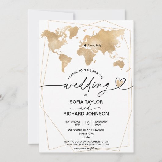 Invitation Mariage Destination Gold World Map Frame (Devant)
