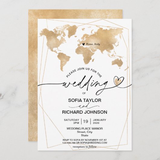 Invitation Mariage Destination Gold World Map Frame (Devant / Derrière)