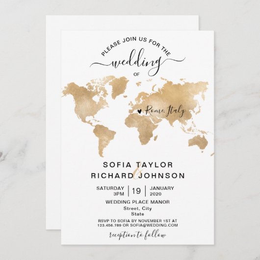 Invitation Mariage Destination Gold World Map Heart Invitatia (Devant / Derrière)