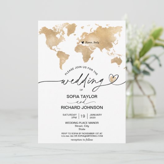 Invitation Mariage Destination Gold World Map Heart Invitatia (Debout devant)