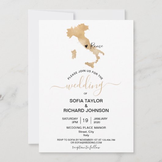 Invitation Mariage Destination Italie Gold Movable Heart (Devant)