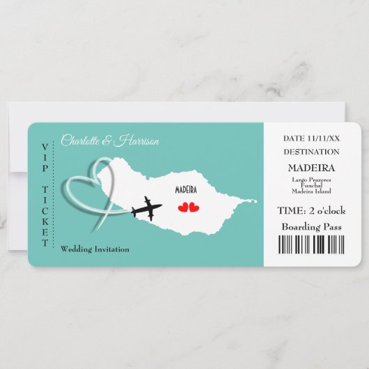 Invitation Mariage Destination Madeira Europe Ticket (Devant)