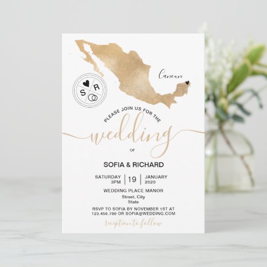 Invitation Mariage Destination Mexique Gold Movable Heart Inv (Debout devant)