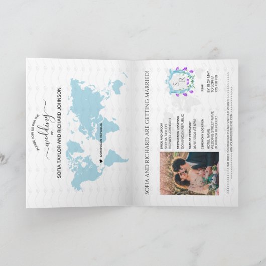 Invitation Mariage Destination Passeport Bleu Cimier Monogram (Intérieur)