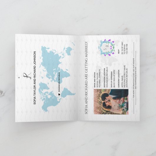 Invitation Mariage Destination Passeport Bleu Cimier Monogram (Intérieur)