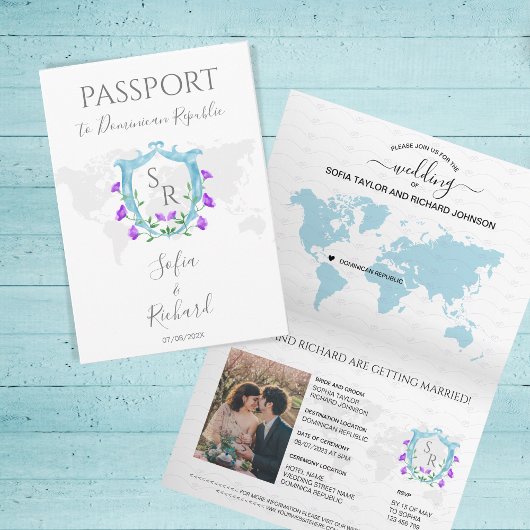 Invitation Mariage Destination Passeport Bleu Cimier Monogram