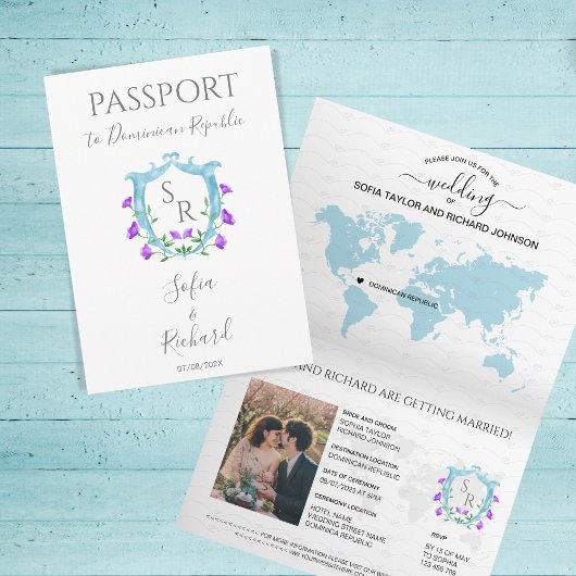 Invitation Mariage Destination Passeport Bleu Cimier Monogram
