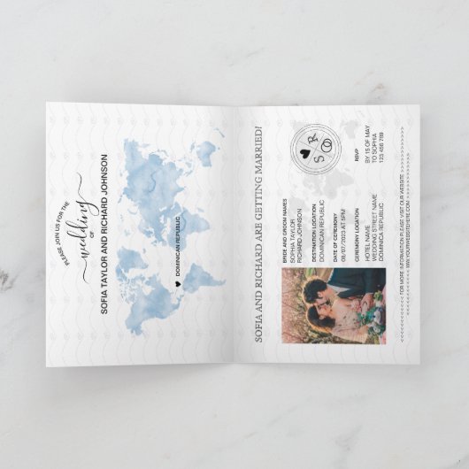 Invitation Mariage Destination Passport Blue World Map Invita (Intérieur)