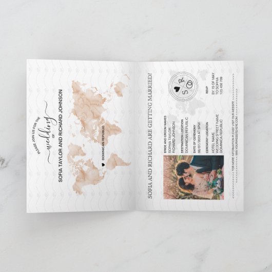Invitation Mariage Destination Passport Blush World Map Peach (Intérieur)