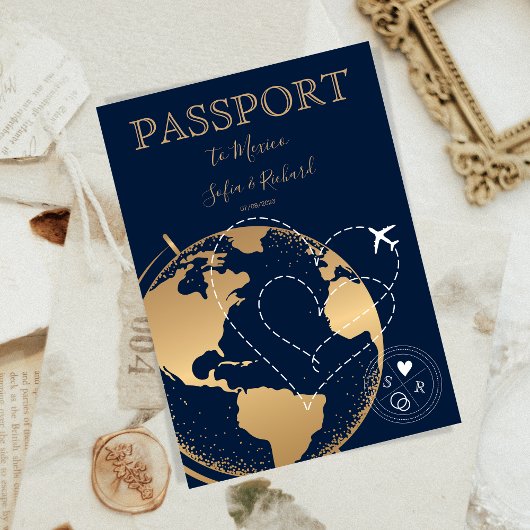 Invitation Mariage Destination Passport Gold Plan du monde