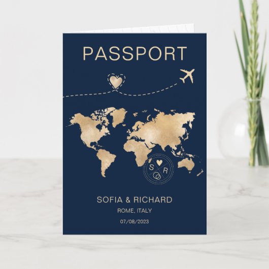 Invitation Mariage Destination Passport Gold Plan du monde (Devant)