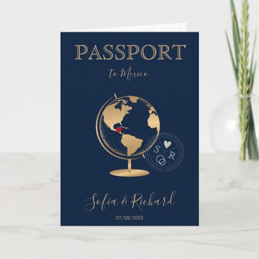 Invitation Mariage Destination Passport Gold World Map Invita (Devant)