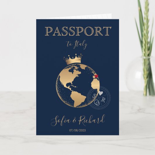 Invitation Mariage Destination Passport Gold World Map Invita (Devant)