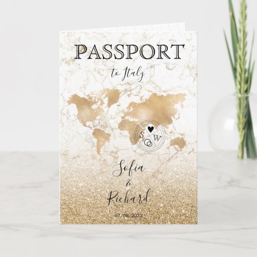 Invitation Mariage Destination Passport Gold World Map Invita (Devant)
