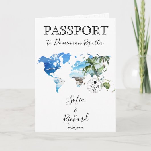 Invitation Mariage Destination Passport Green World Map Palm (Devant)