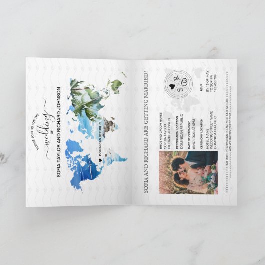 Invitation Mariage Destination Passport Green World Map Palm (Intérieur)