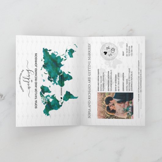 Invitation Mariage Destination Passport Green World Map Peach (Intérieur)
