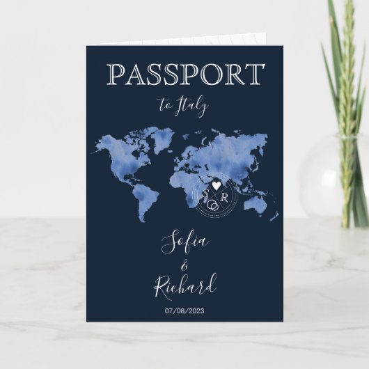 Invitation Mariage Destination Passport Marine Blue World Map (Devant)