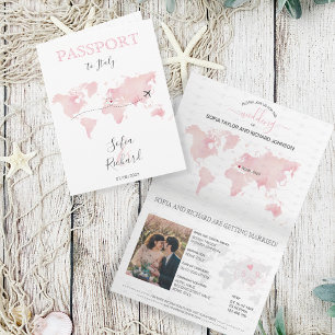 Invitation Mariage Destination Passport Pink World Map Marbre
