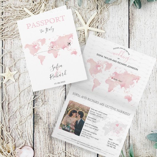 Invitation Mariage Destination Passport Pink World Map Marbre