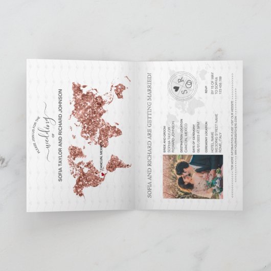 Invitation Mariage Destination Passport Rose Gold World Map (Intérieur)