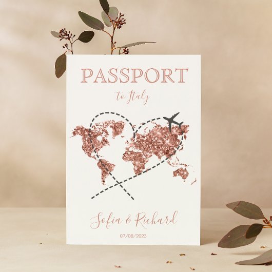 Invitation Mariage Destination Passport Rose Gold World Map