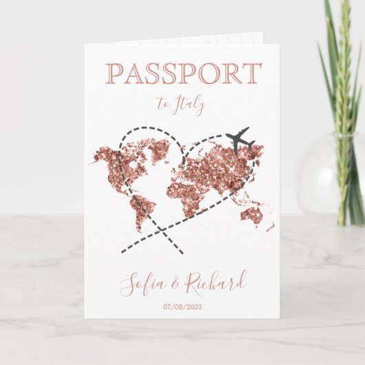 Invitation Mariage Destination Passport Rose Gold World Map (Devant)