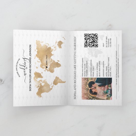 Invitation Mariage Destination Passport World Map Code QR (Intérieur)