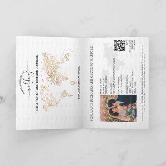 Invitation Mariage Destination Passport World Map Code QR (Intérieur)