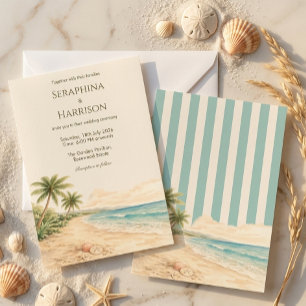Invitation Mariage Destination Plage Moderne Rayure Bleu Clai