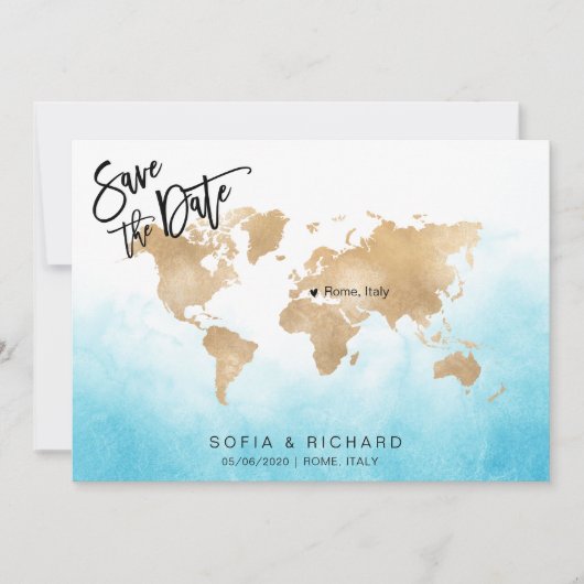 Invitation Mariage Destination World Map Gold Movable Heart (Devant)