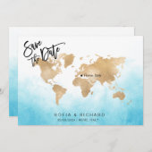 Invitation Mariage Destination World Map Gold Movable Heart (Devant / Derrière)
