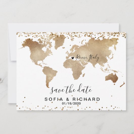 Invitation Mariage Destination World Map Gold Removable Heart (Devant)