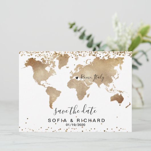 Invitation Mariage Destination World Map Gold Removable Heart (Debout devant)