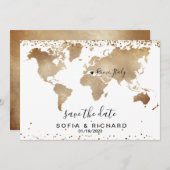 Invitation Mariage Destination World Map Gold Removable Heart (Devant / Derrière)