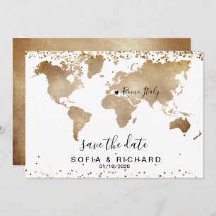 Invitation Mariage Destination World Map Gold Removable Heart