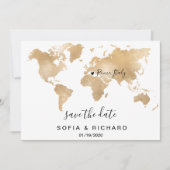 Invitation Mariage Destination World Map Gold Removable Heart (Devant)